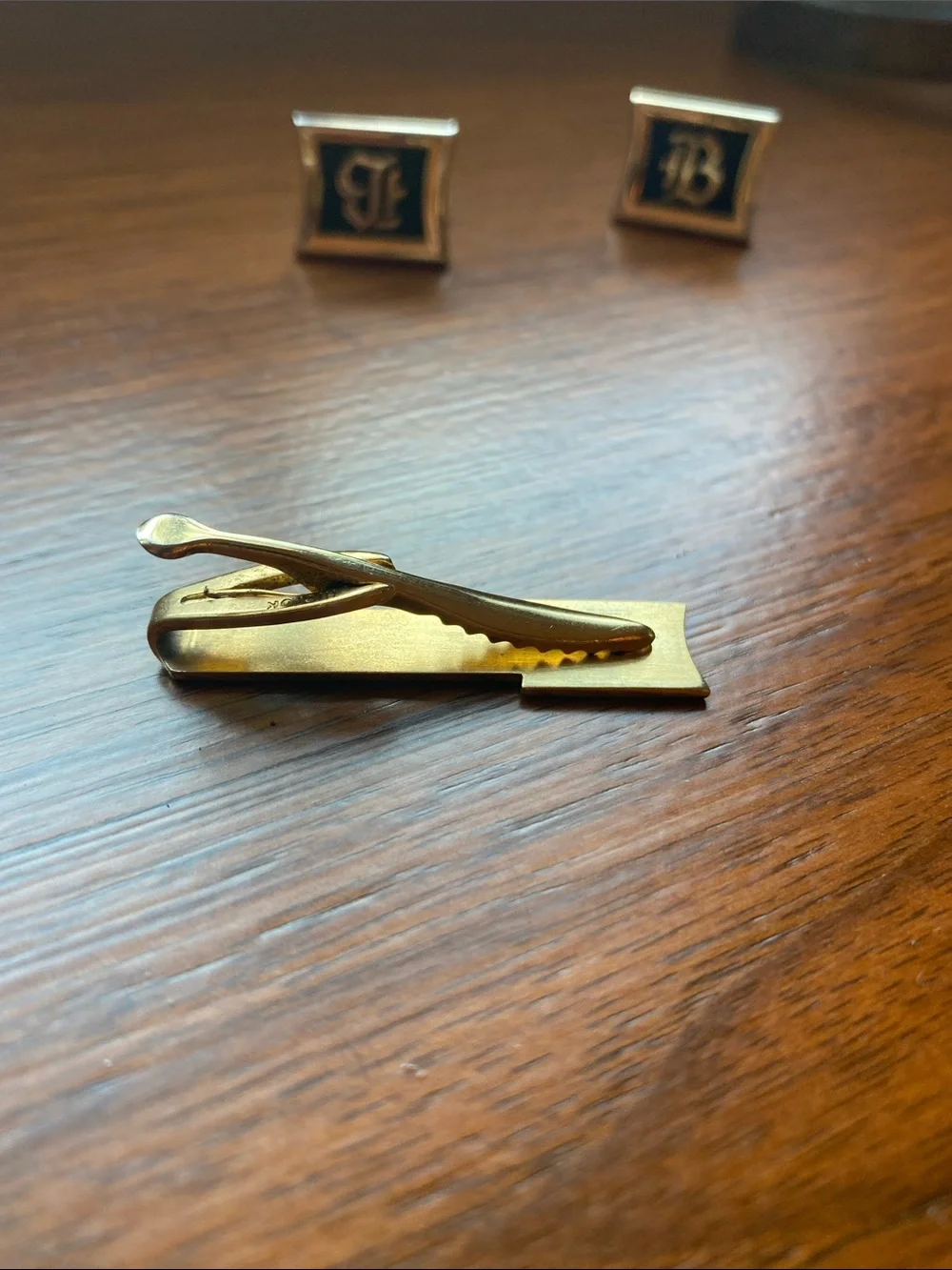 Gold and Black 'B' Cufflink and Tie Clip Set by